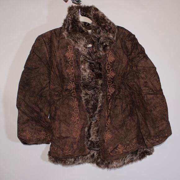 Y2K Yuppie Euro Brown Peacoat With Fur Trim And Embroidery Size 40
